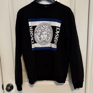 Versace Black Crewneck Sweater with Blue and White Medusa Graphic